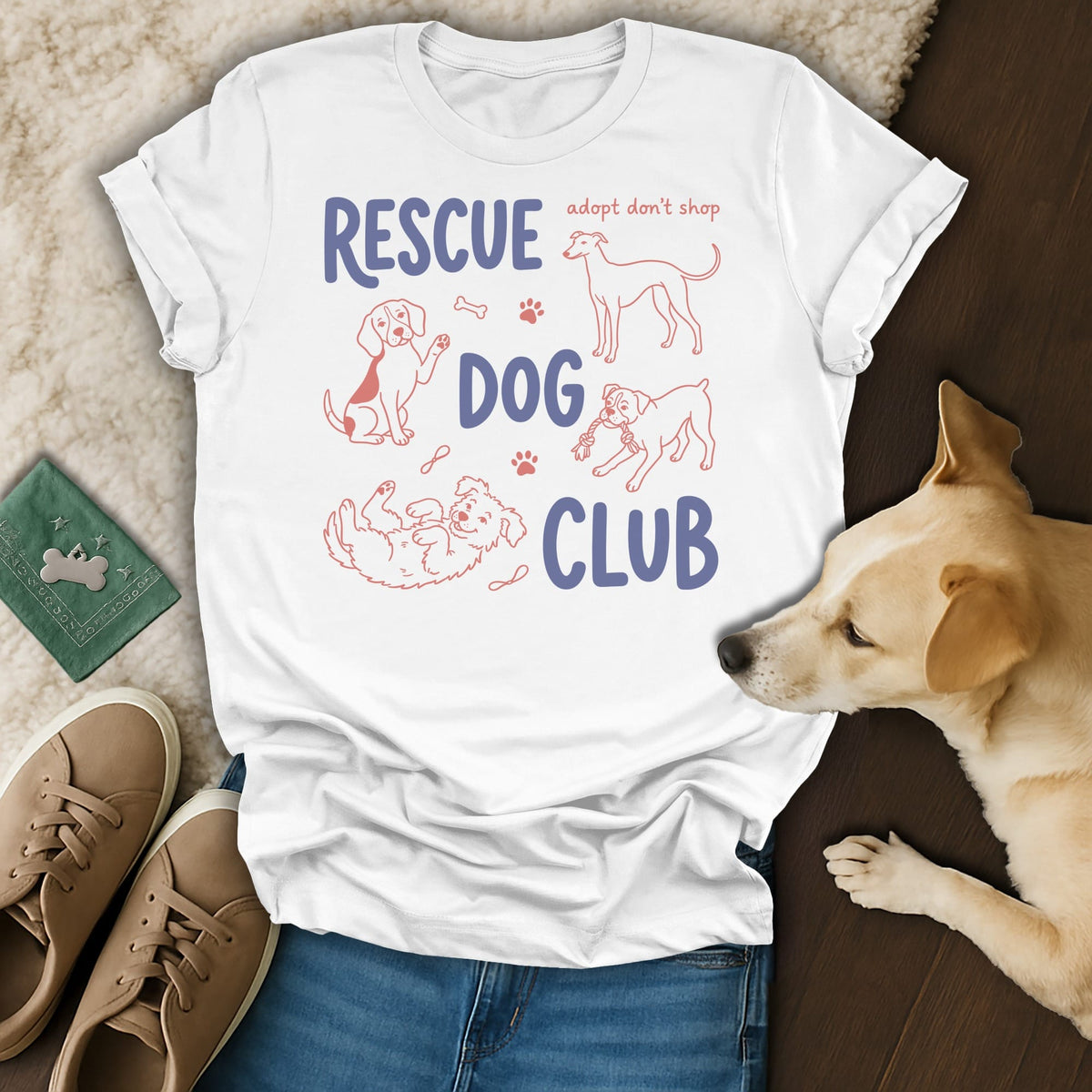 White t-shirt with "Rescue Dog Club" and line drawings of dogs, with "adopt don't shop".