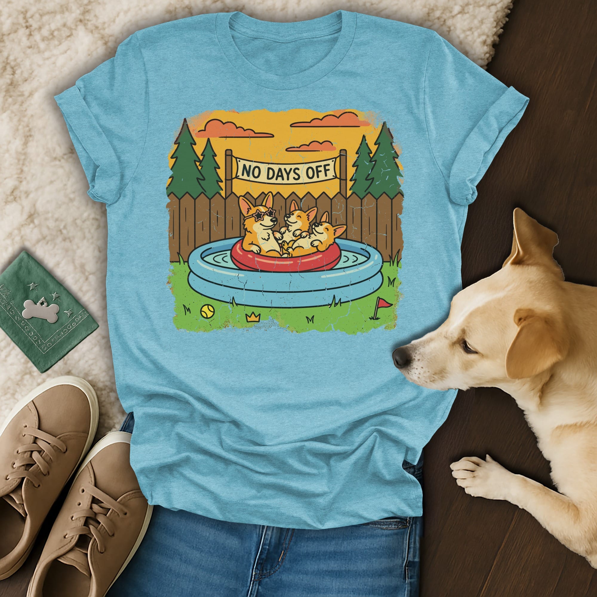 Corgis in a kiddie pool with "No Days Off" text.