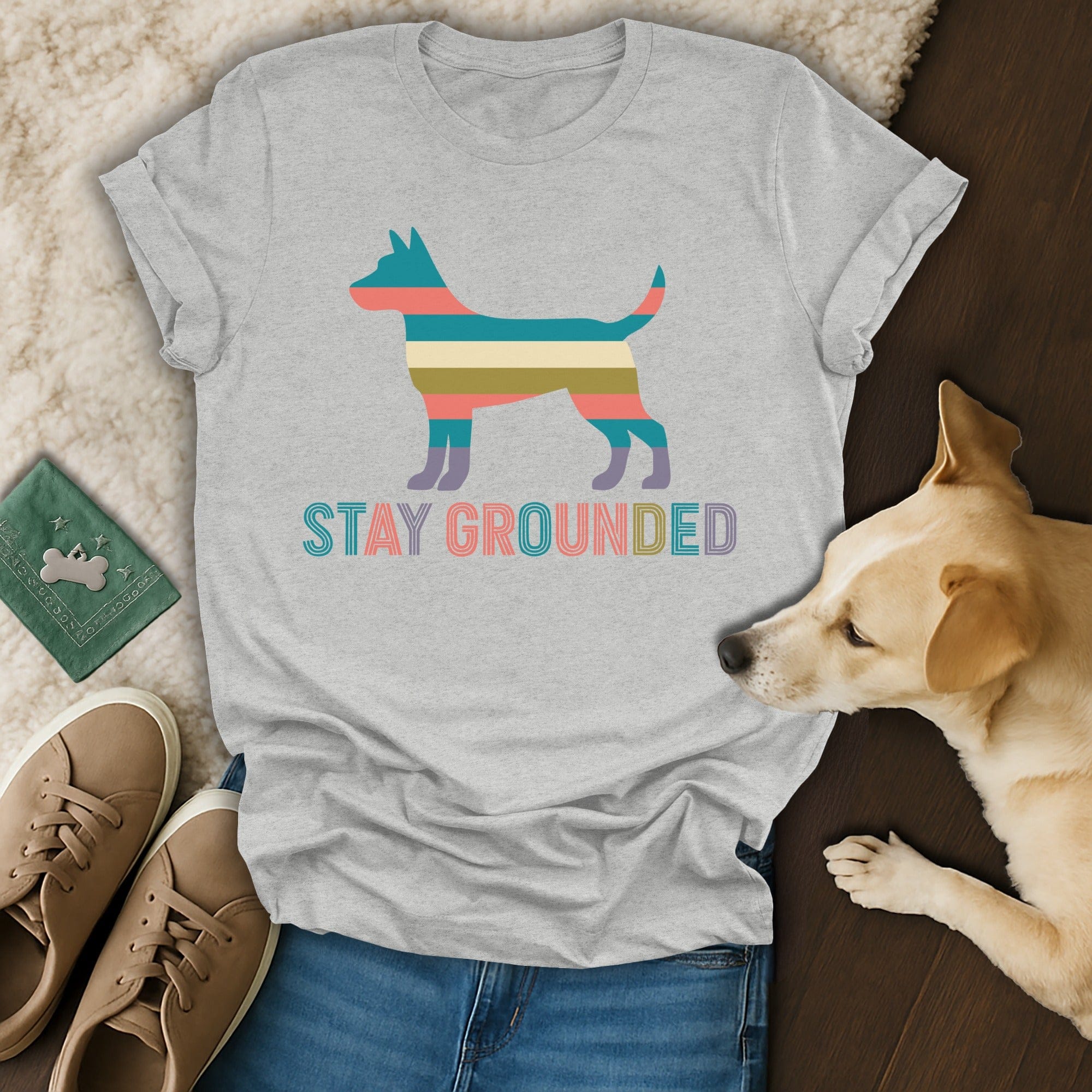 Stay Grounded Dog Silhouette Striped Graphic Shirt