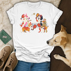 Illustration of dogs playing pickleball on a white t-shirt.