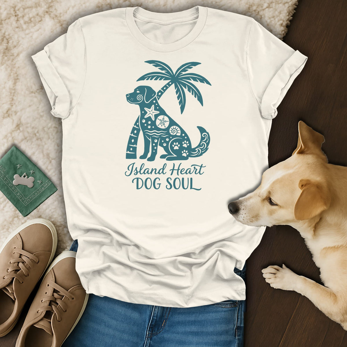 Cream t-shirt with teal dog and palm tree graphic, "Island Heart DOG SOUL" text.