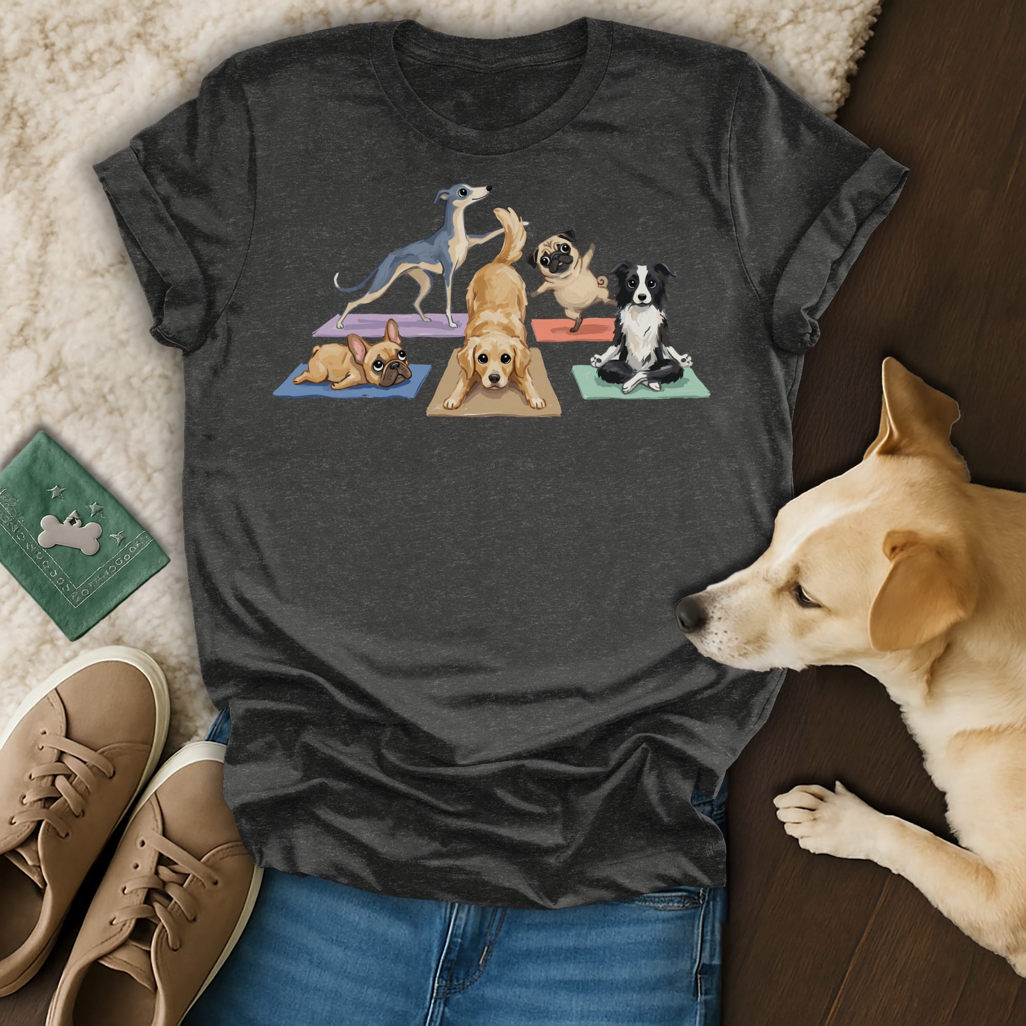 Dogs in yoga poses on mats, printed on a charcoal t-shirt.