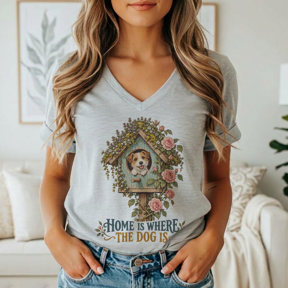 A person wearing a grey V-neck t-shirt featuring a graphic of a puppy in a birdhouse, surrounded by flowers, with the text "Home is where the dog is."