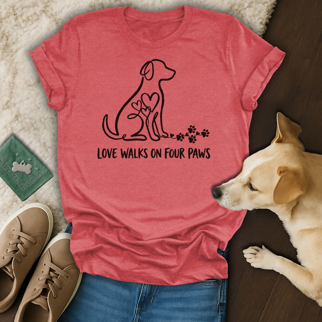 Coral t-shirt with a dog outline and heart motif, text reads "Love Walks on Four Paws".