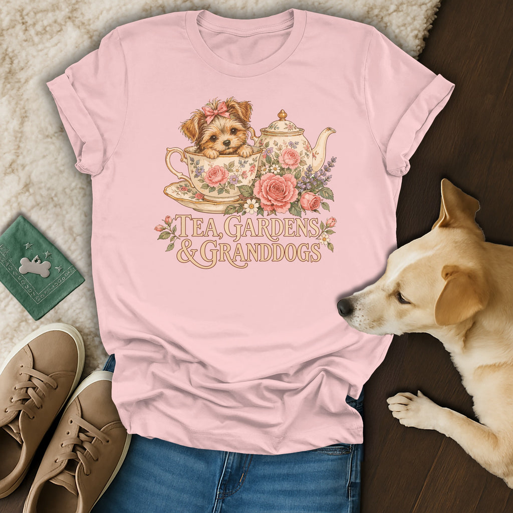 Light pink t-shirt featuring a vintage illustration of a puppy in a teacup with flowers and the text Tea Gardens & Granddogs.