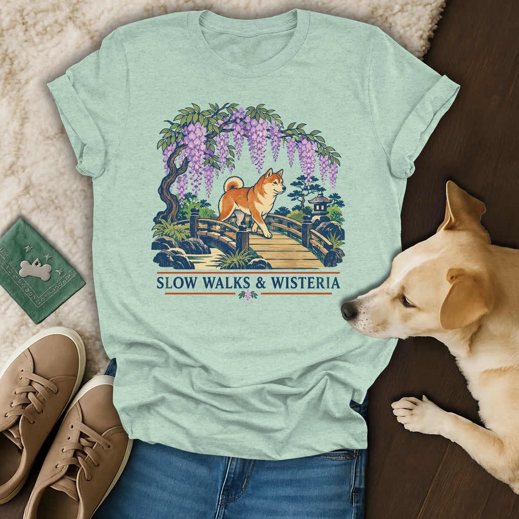 Light green t-shirt featuring a Japanese-style illustration of a Shiba Inu on a bridge under wisteria, with the text Slow Walks & Wisteria.
