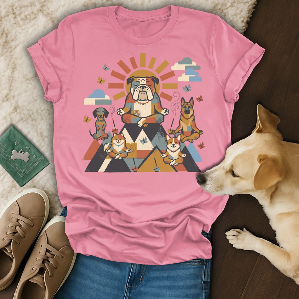 Zen bulldogs and corgis meditate in a mountain landscape with sun and butterflies.