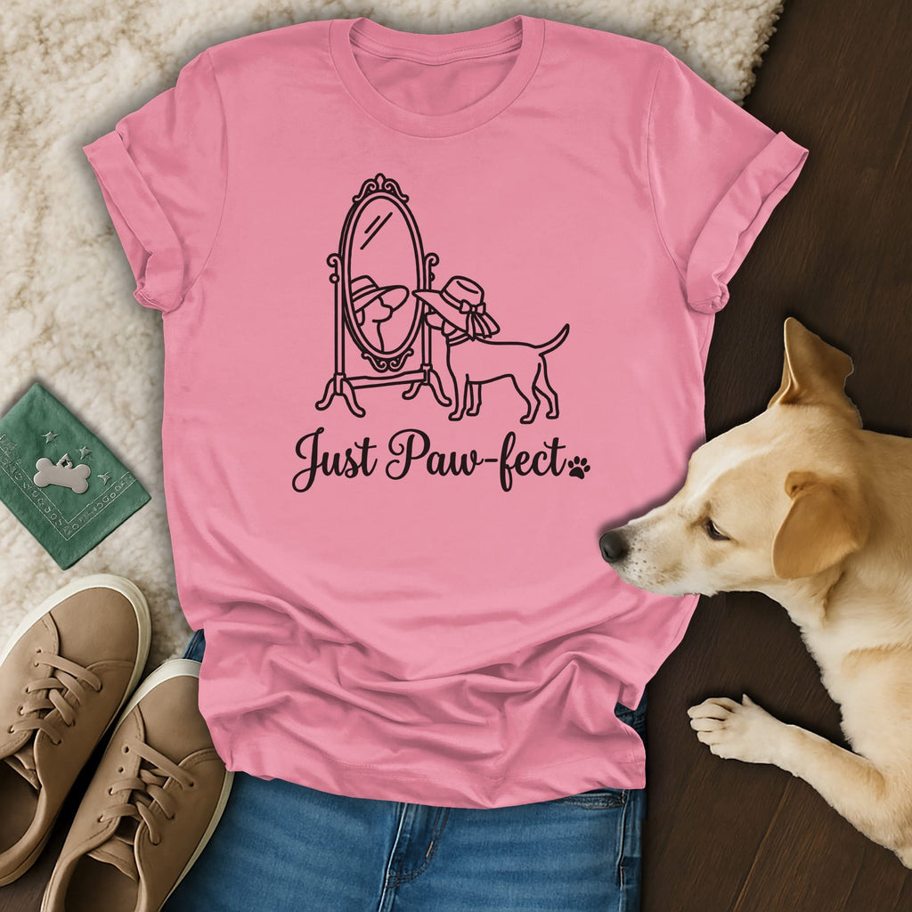 Dog looking in mirror wearing a hat and bow tie, "Just Paw-fect" text.