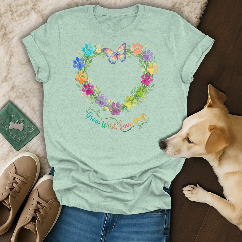 Light green t-shirt with a heart-shaped floral wreath of colorful paw prints and a butterfly, text reads "Grow Wild, Love Dogs."