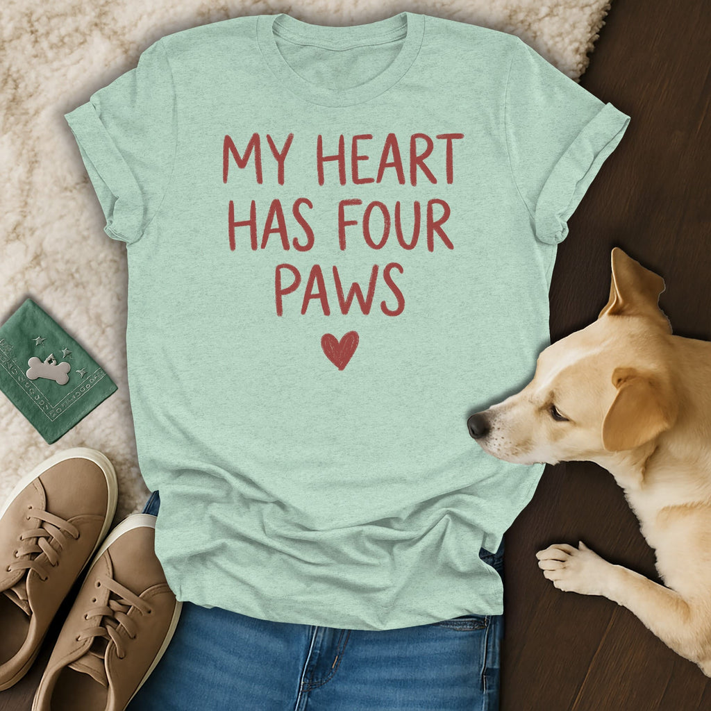 Light blue t-shirt with red text "MY HEART HAS FOUR PAWS" and a heart.