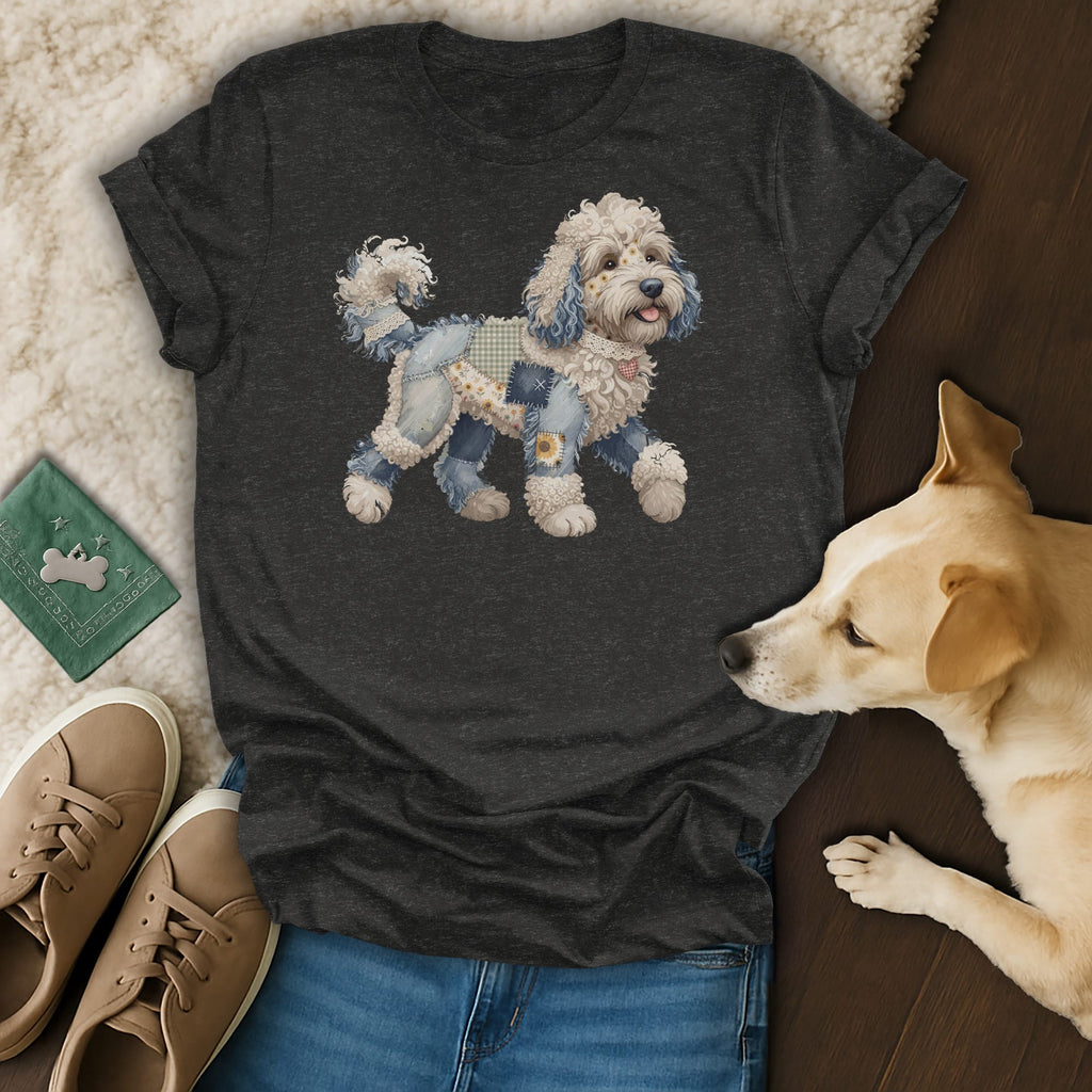 Dark grey t-shirt with a patched denim doodle dog graphic.