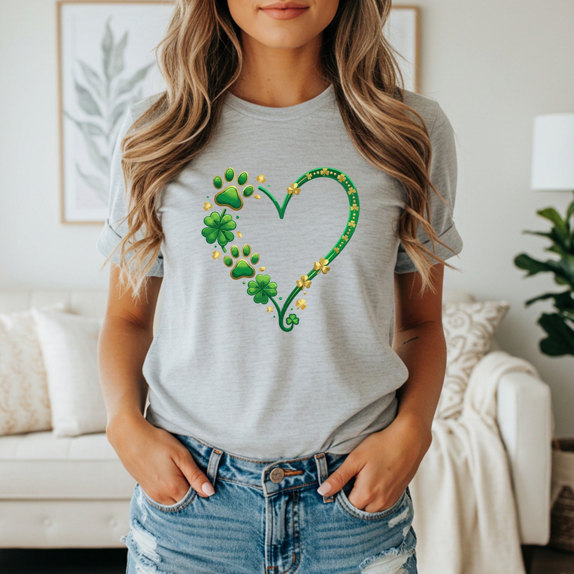 Heart and Clover Paw Print Graphic T-Shirt