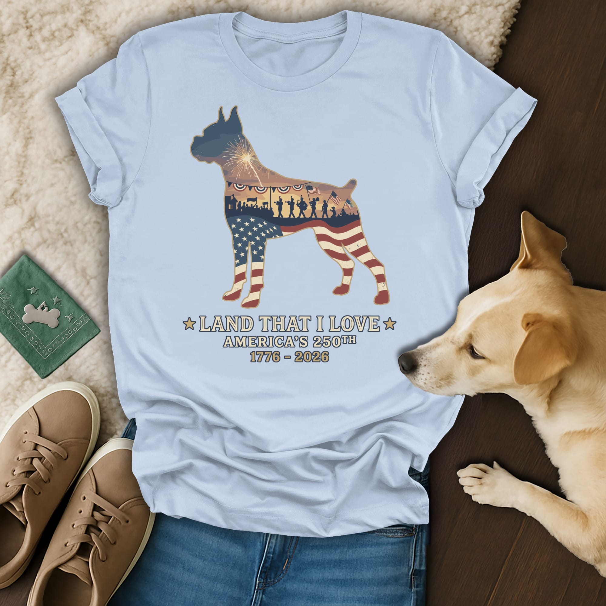 Light blue t-shirt with a boxer dog silhouette filled with an American flag, text: "Land that I love, America's 250th 1776-2026".