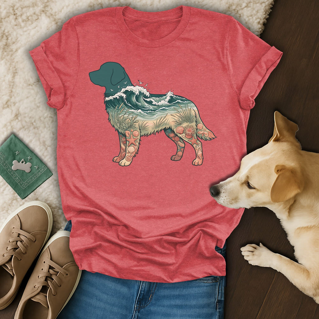 Dog silhouette filled with ocean waves, sand, and coral designs on a t-shirt.