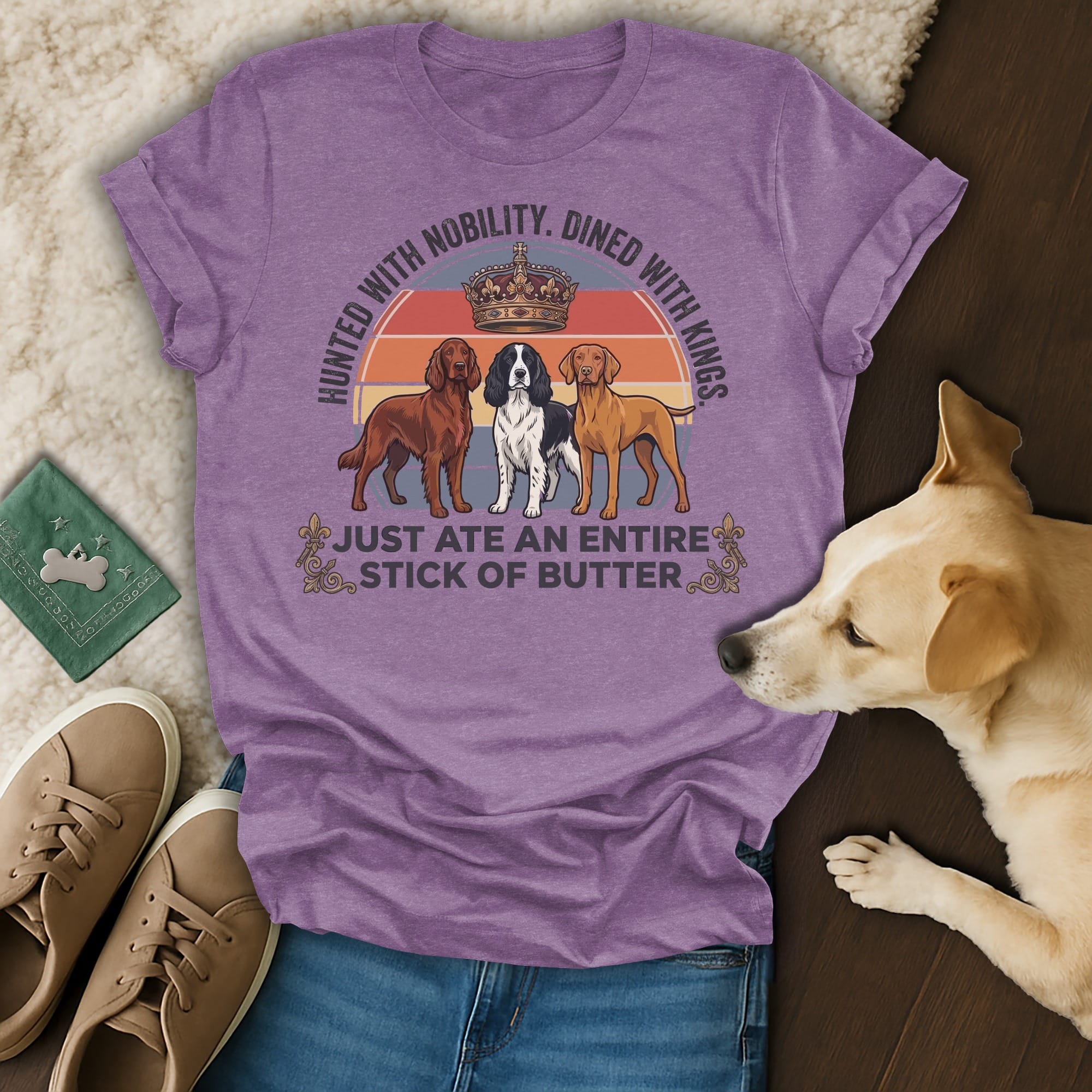 T-shirt with three dogs and text about nobility and butter.
