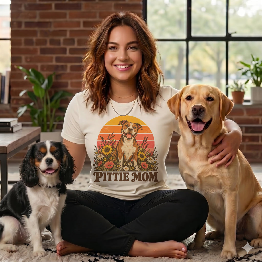 A smiling woman sitting cross-legged wearing a Pittie Mom t-shirt, flanked by two dogs.