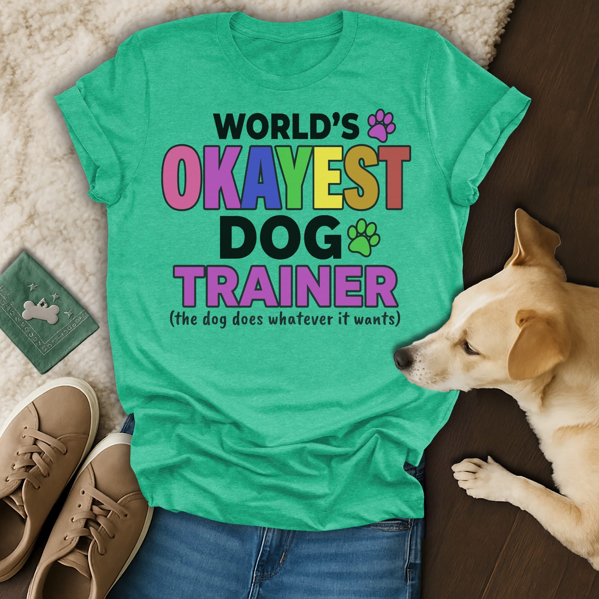 T-shirt with text "World's Okayest Dog Trainer (the dog does whatever it wants)".