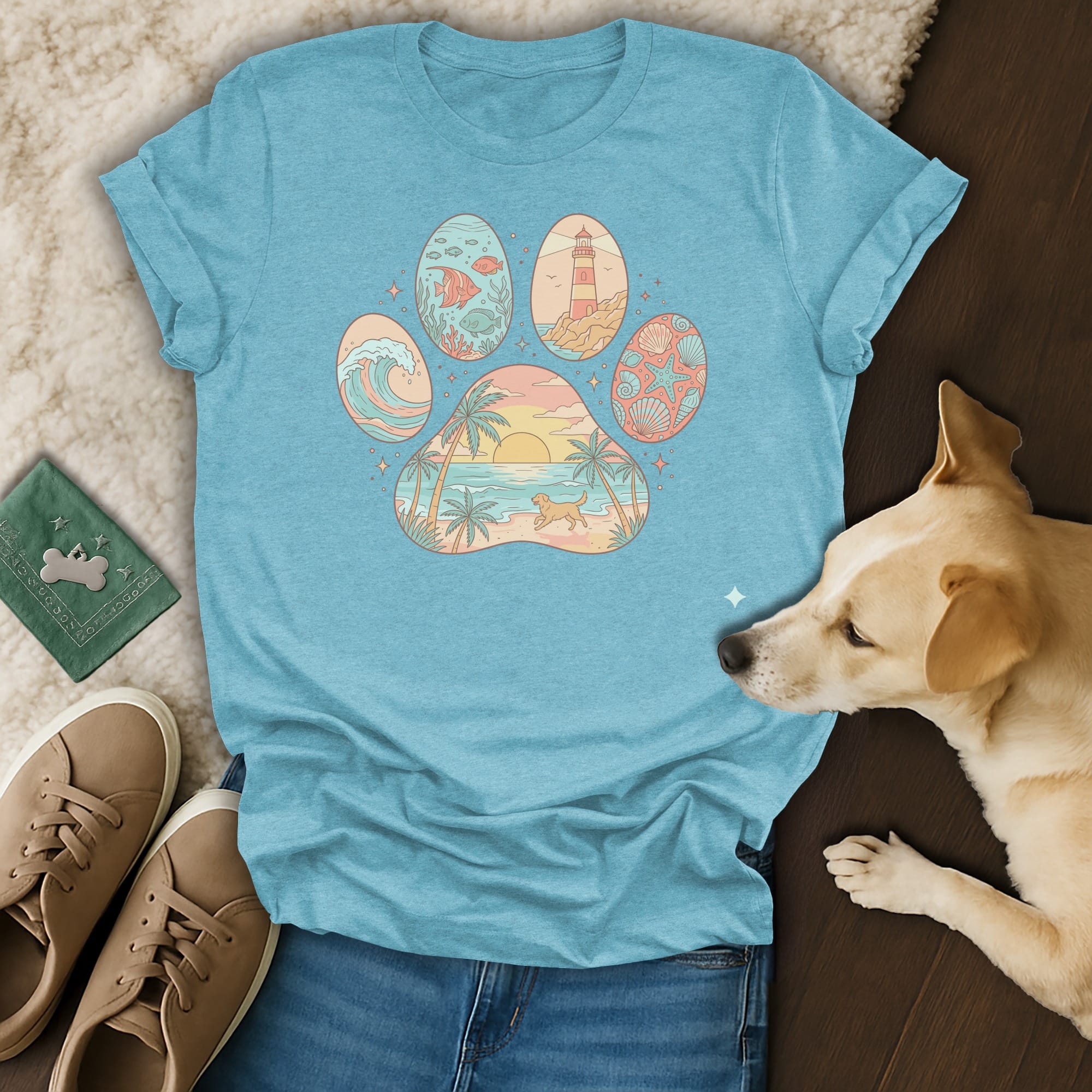 T-shirt with a paw print design featuring beach and ocean scenes.