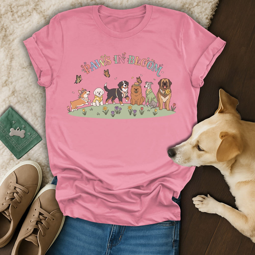 T-shirt with cartoon dogs, butterflies, flowers, and "Paws in Bloom" text.