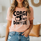 Peach t-shirt with "CORGI BUTT DON'T LIE" text and corgi silhouette.