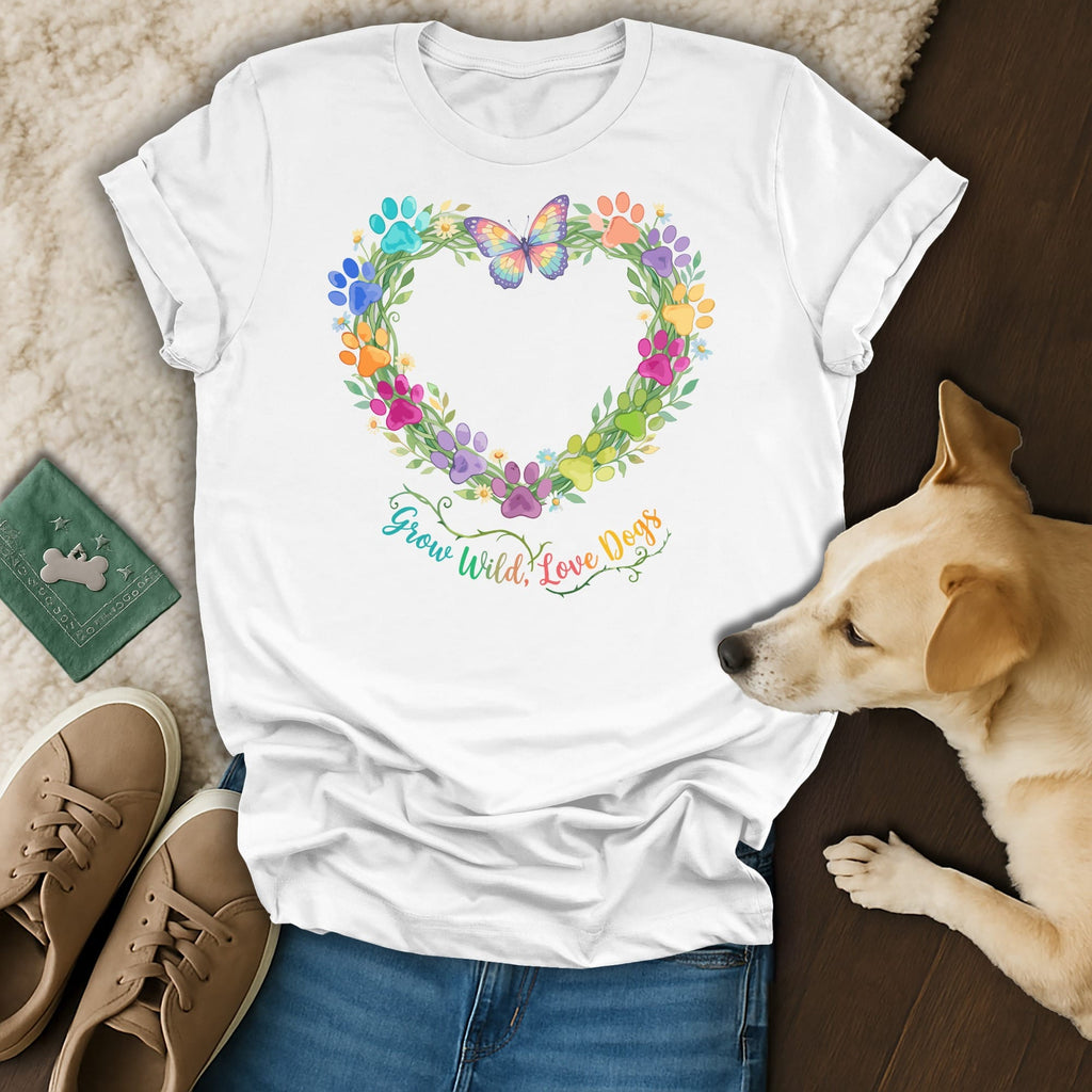 White t-shirt with colorful paw print heart, butterfly, and text.