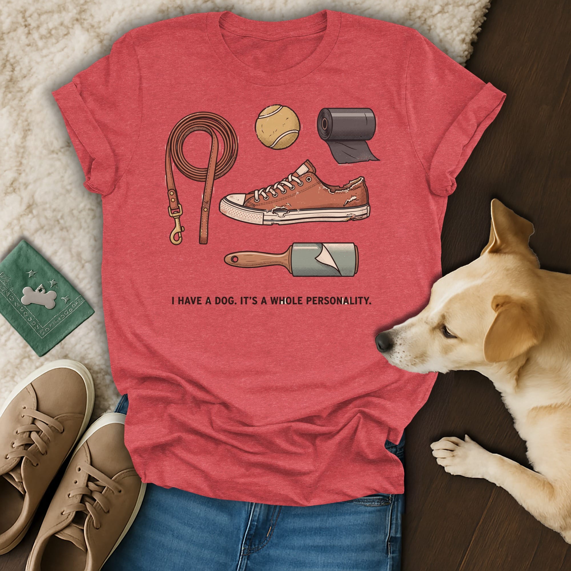 Red t-shirt with dog leash, ball, shoe, and lint roller graphic, and text.
