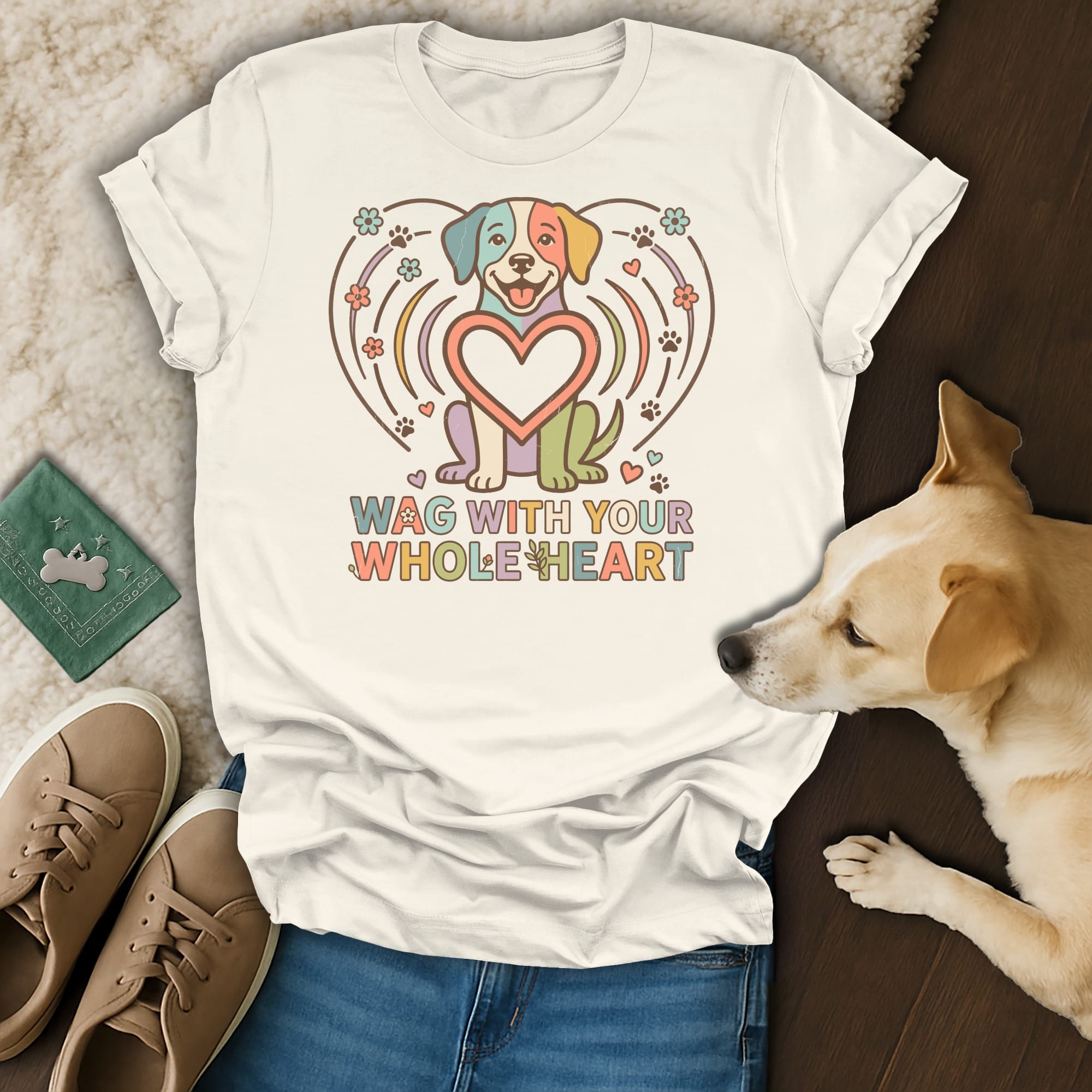 Cream t-shirt with colorful dog illustration and text "WAG WITH YOUR WHOLE HEART".