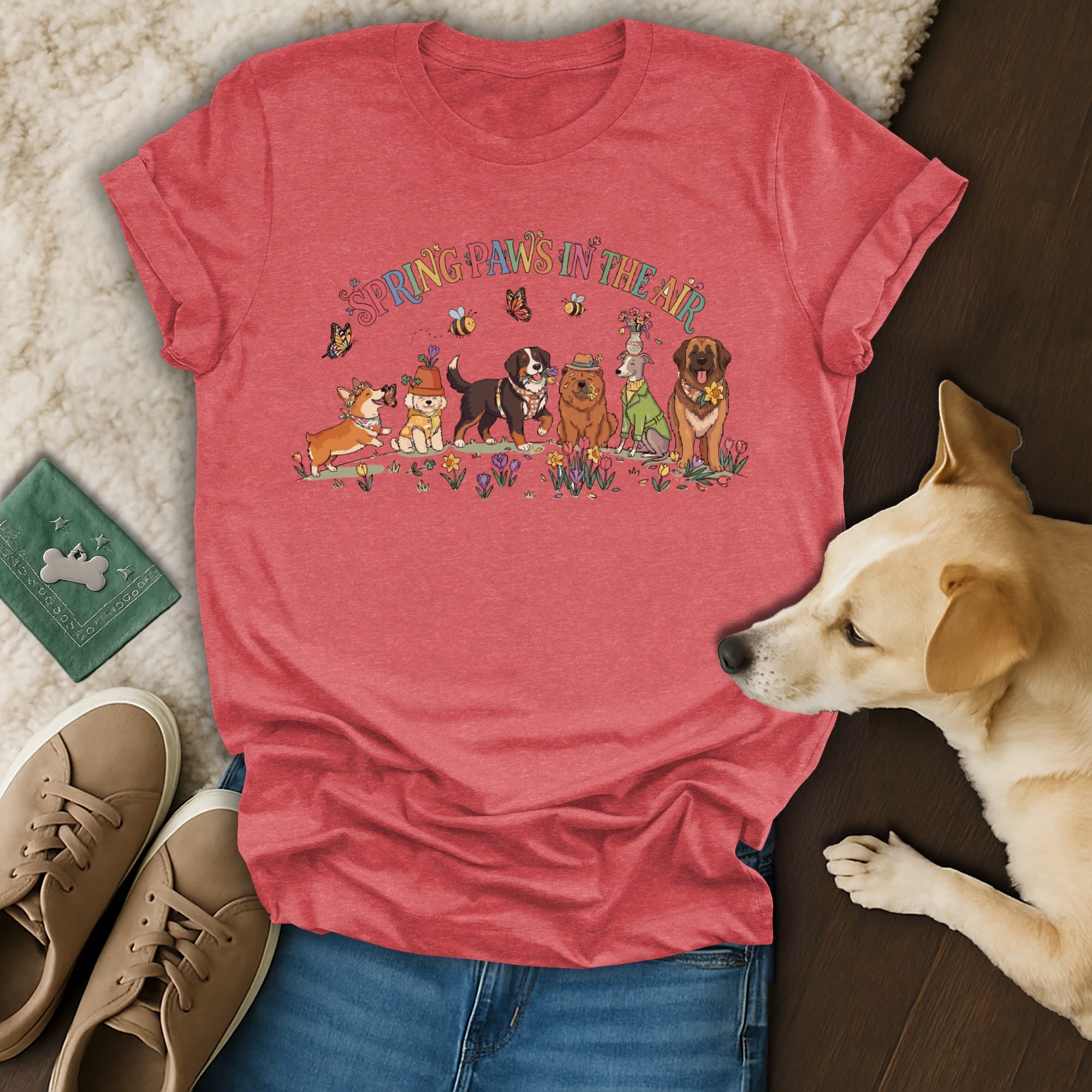 T-shirt with dogs and text "Spring Paws in the Air" in a colorful drawing.