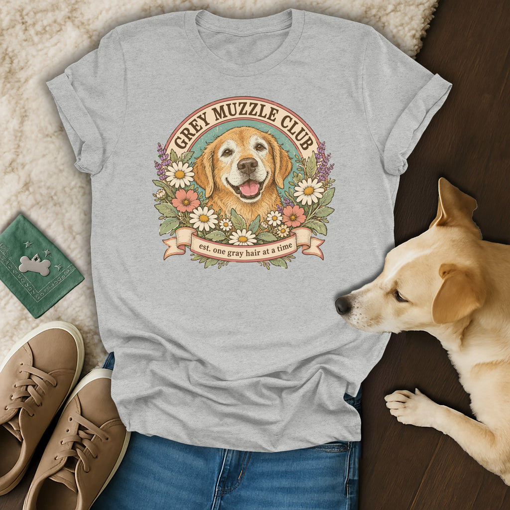 Heather gray t-shirt with a vintage dog illustration and text reading Grey Muzzle Club.