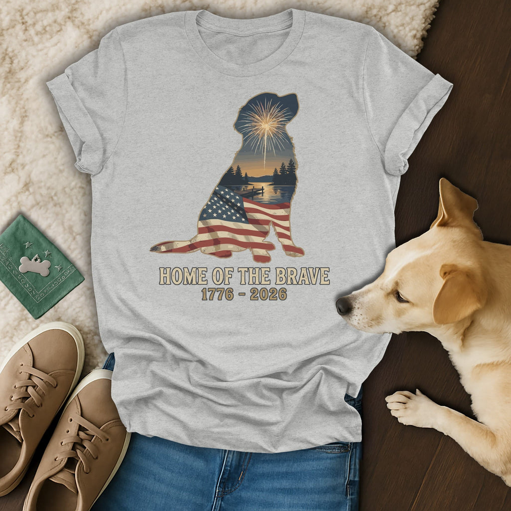 Silhouette of a dog filled with an American flag, fireworks, and a landscape, with text.