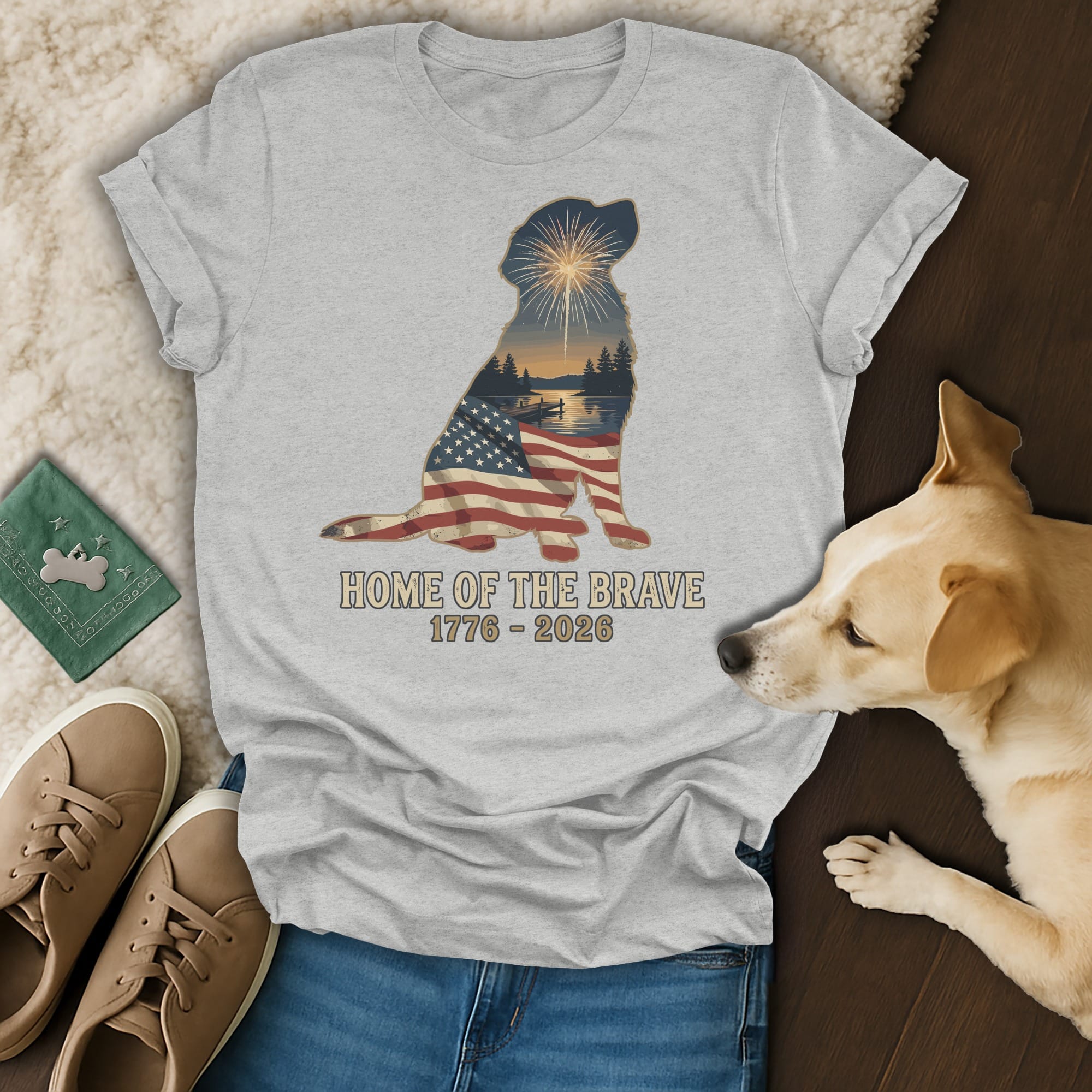 Silhouette of a dog filled with an American flag, fireworks, and a landscape, with text.