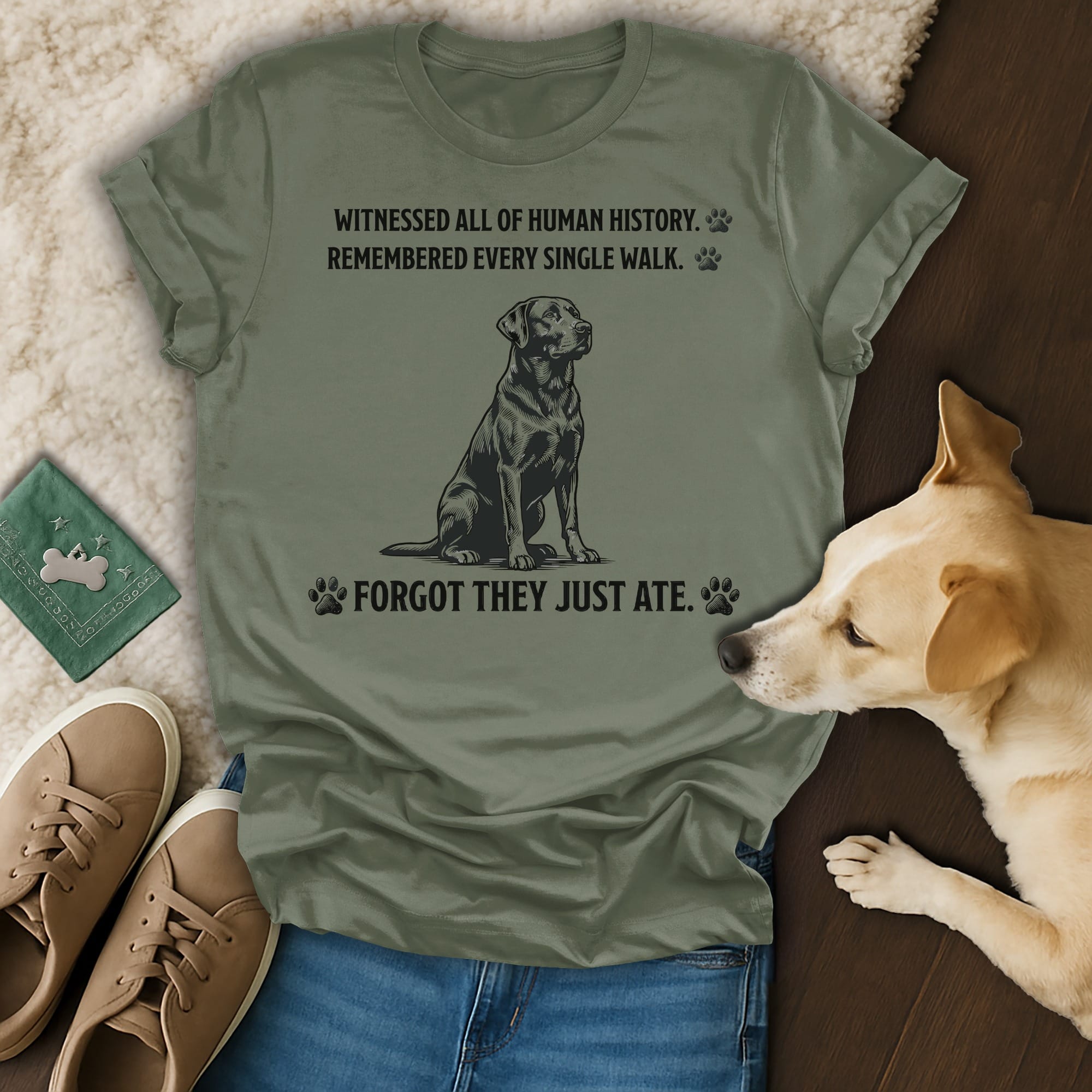 T-shirt with black lab graphic and text about history and walks.