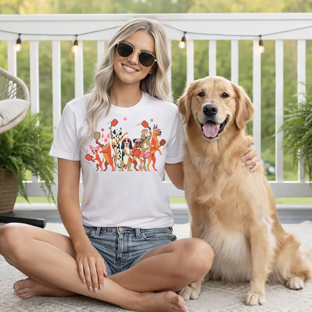 Woman wearing white t-shirt with cartoon dogs playing pickleball, next to a golden retriever dog.