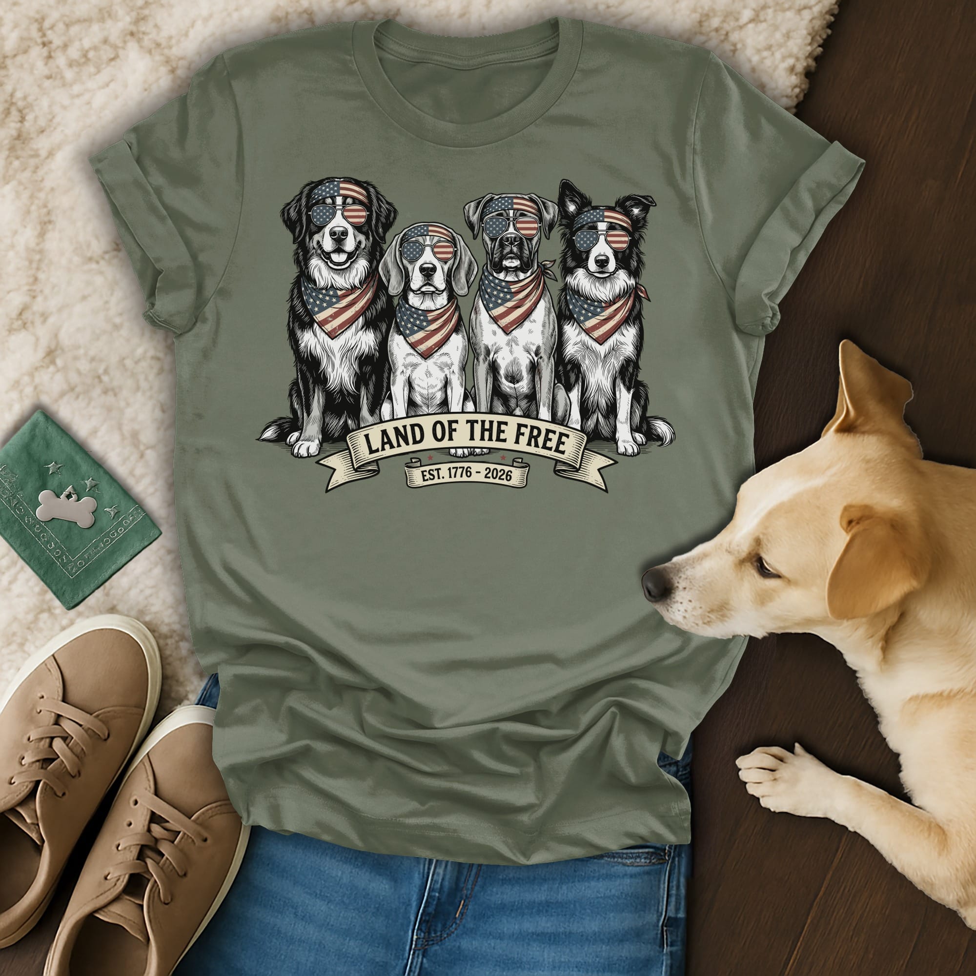 Four dogs in American flag bandanas sit with "Land of the Free" text.