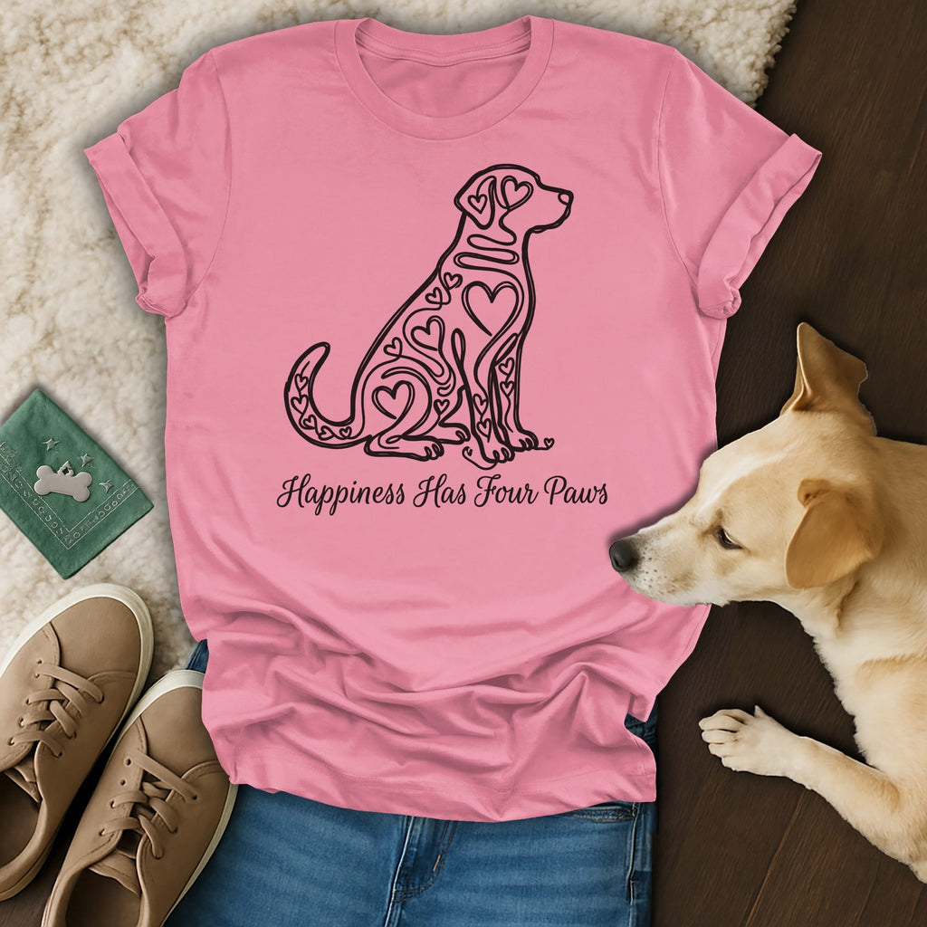 Pink t-shirt with a heart-patterned dog silhouette and "Happiness Has Four Paws" text.
