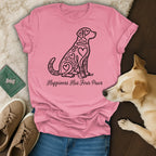 Pink t-shirt with a heart-patterned dog silhouette and "Happiness Has Four Paws" text.