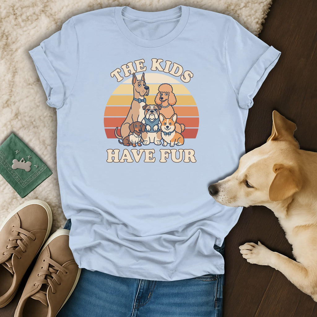 Light blue t-shirt with dogs and the text "The Kids Have Fur".