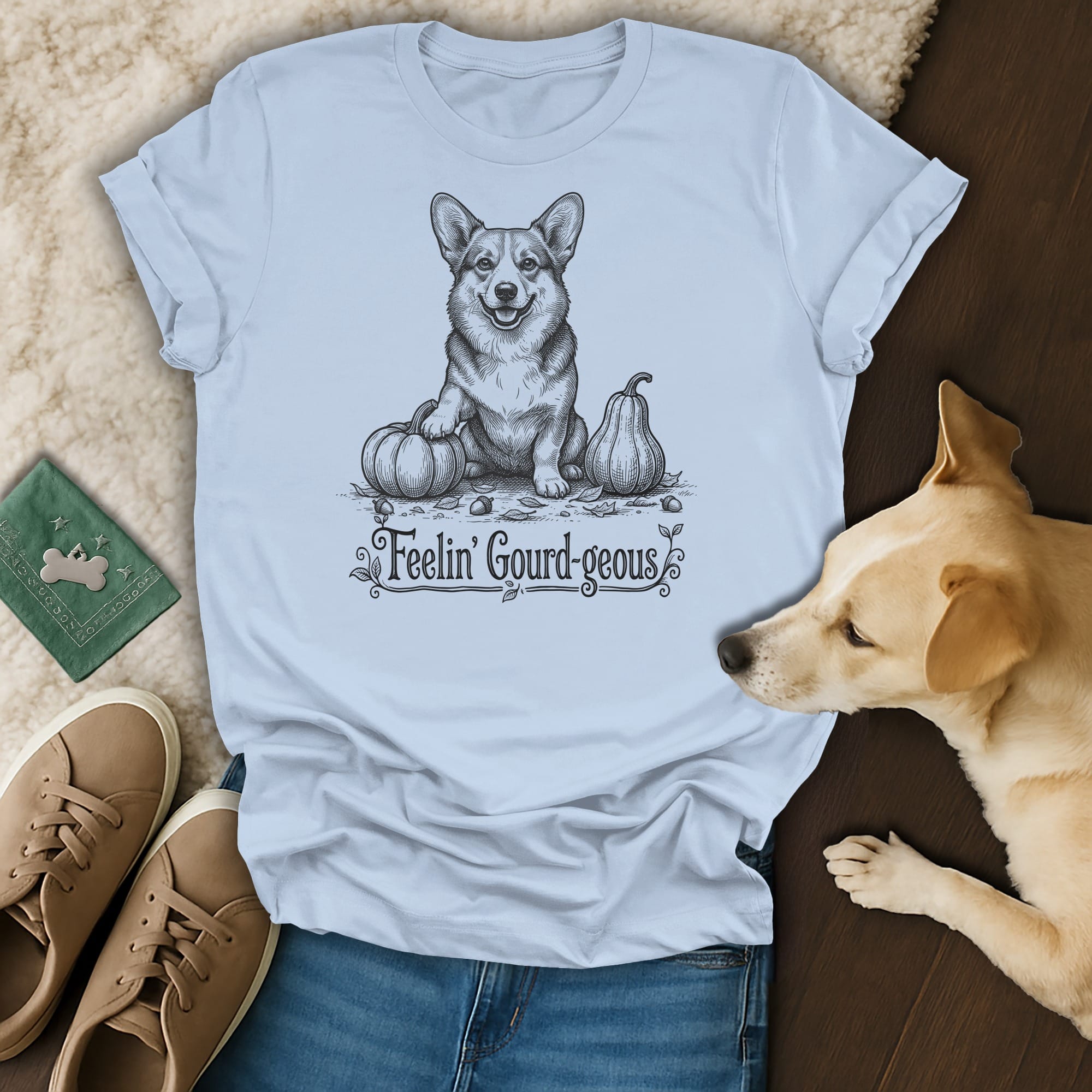 Light blue t-shirt with a drawing of a corgi and pumpkins, text "Feelin' Gourd-geous".
