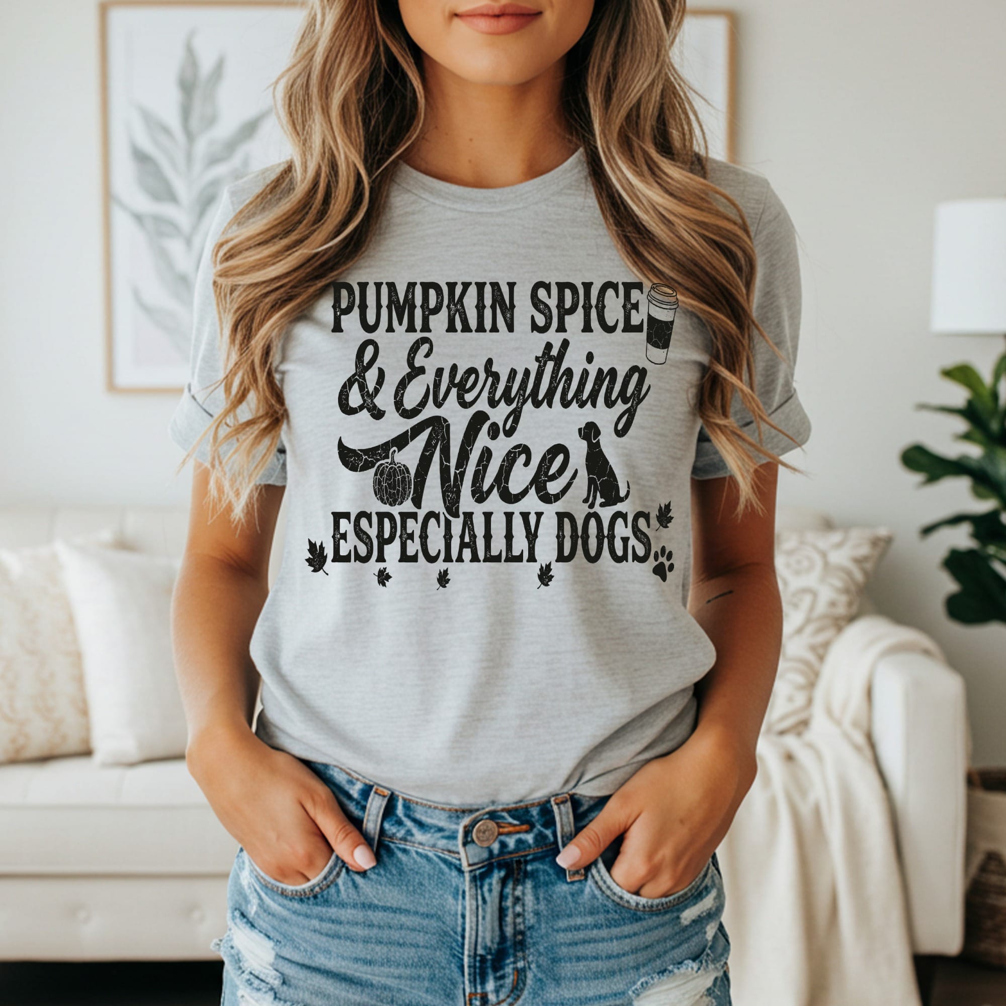 Gray t-shirt with "Pumpkin Spice & Everything Nice Especially Dogs" text and dog graphic.