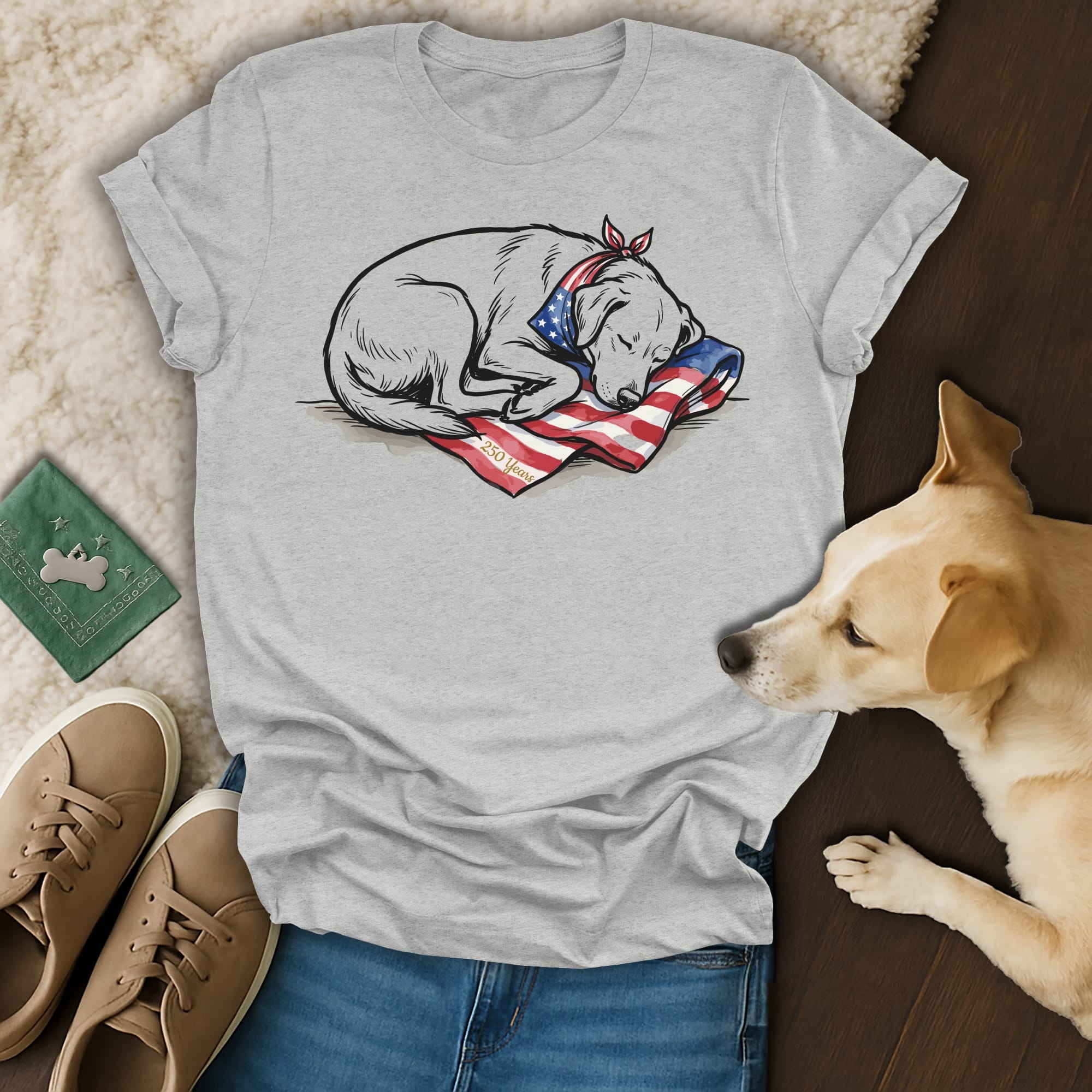 Labrador retriever sleeping on American flag pillow, wearing bandana.