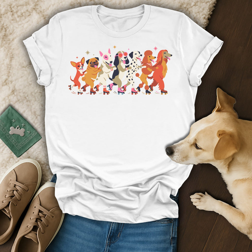 White t-shirt with cartoon dogs of various breeds on roller skates.