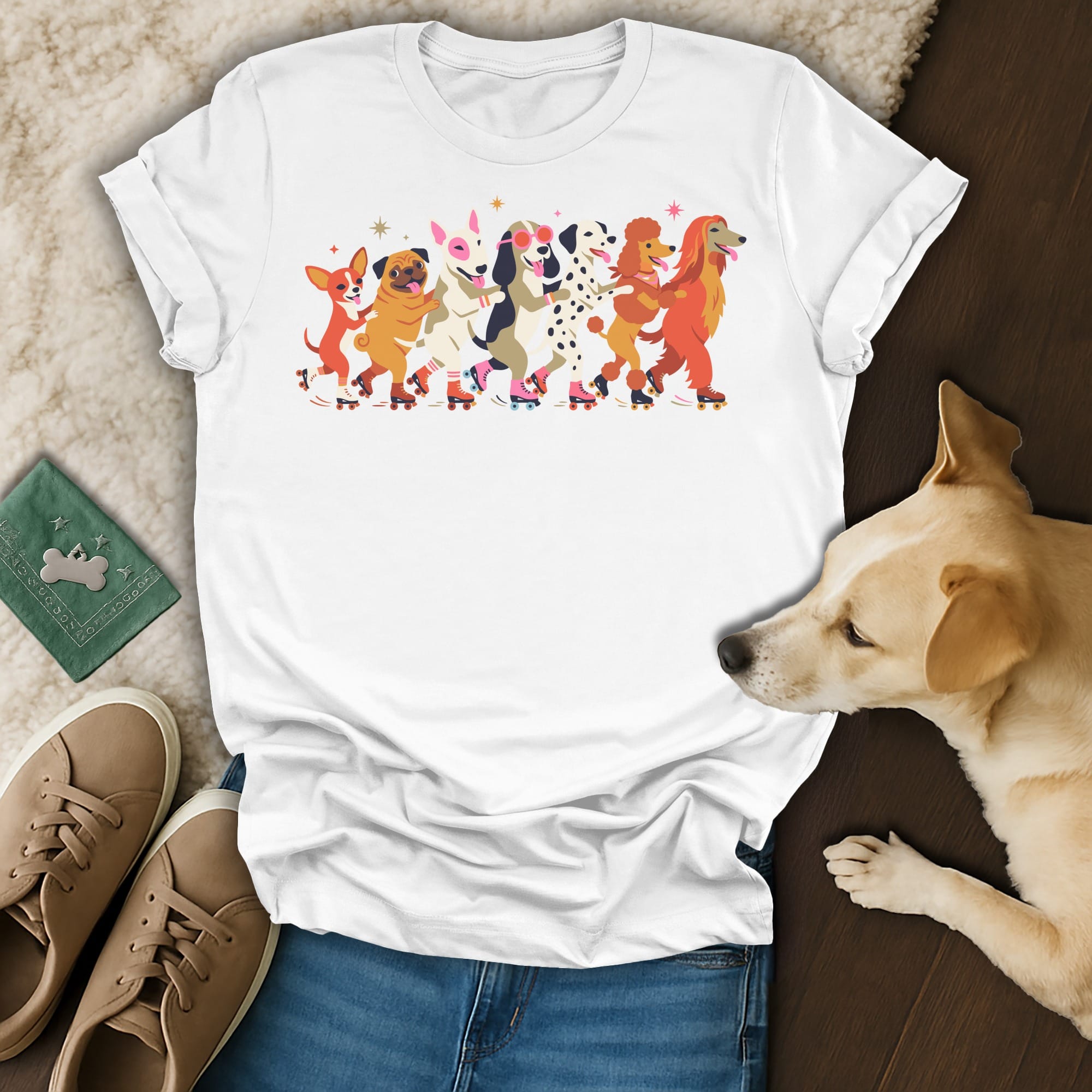 White t-shirt with cartoon dogs of various breeds on roller skates.