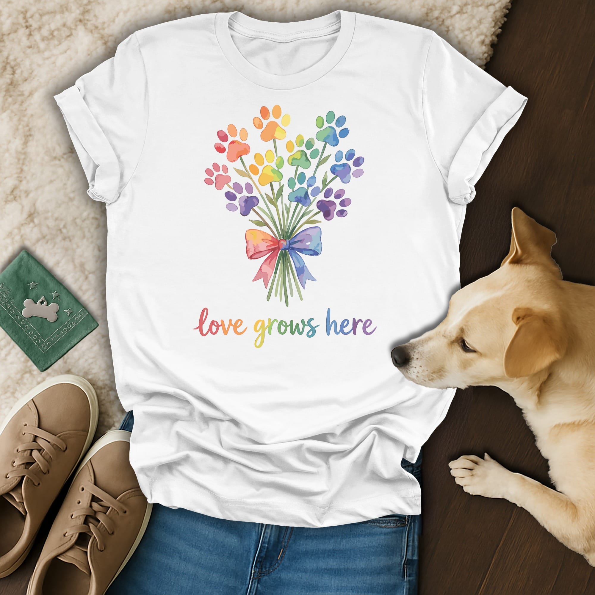 White t-shirt with rainbow paw print bouquet and "love grows here" text.