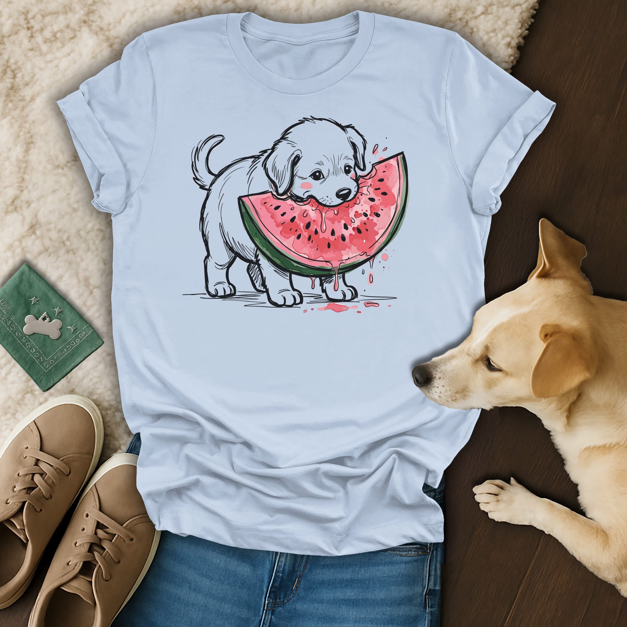 Light blue t-shirt with a sketched puppy eating a slice of watermelon.