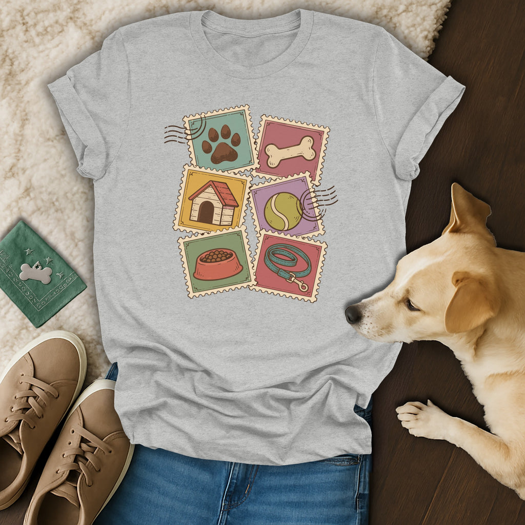 Gray crewneck t-shirt featuring a dog-themed postage stamp graphic, laid flat with jeans, shoes, and a dog.