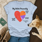 Light blue t-shirt with a pie chart design showing "My Whole Personality" dedicated to dog photos.