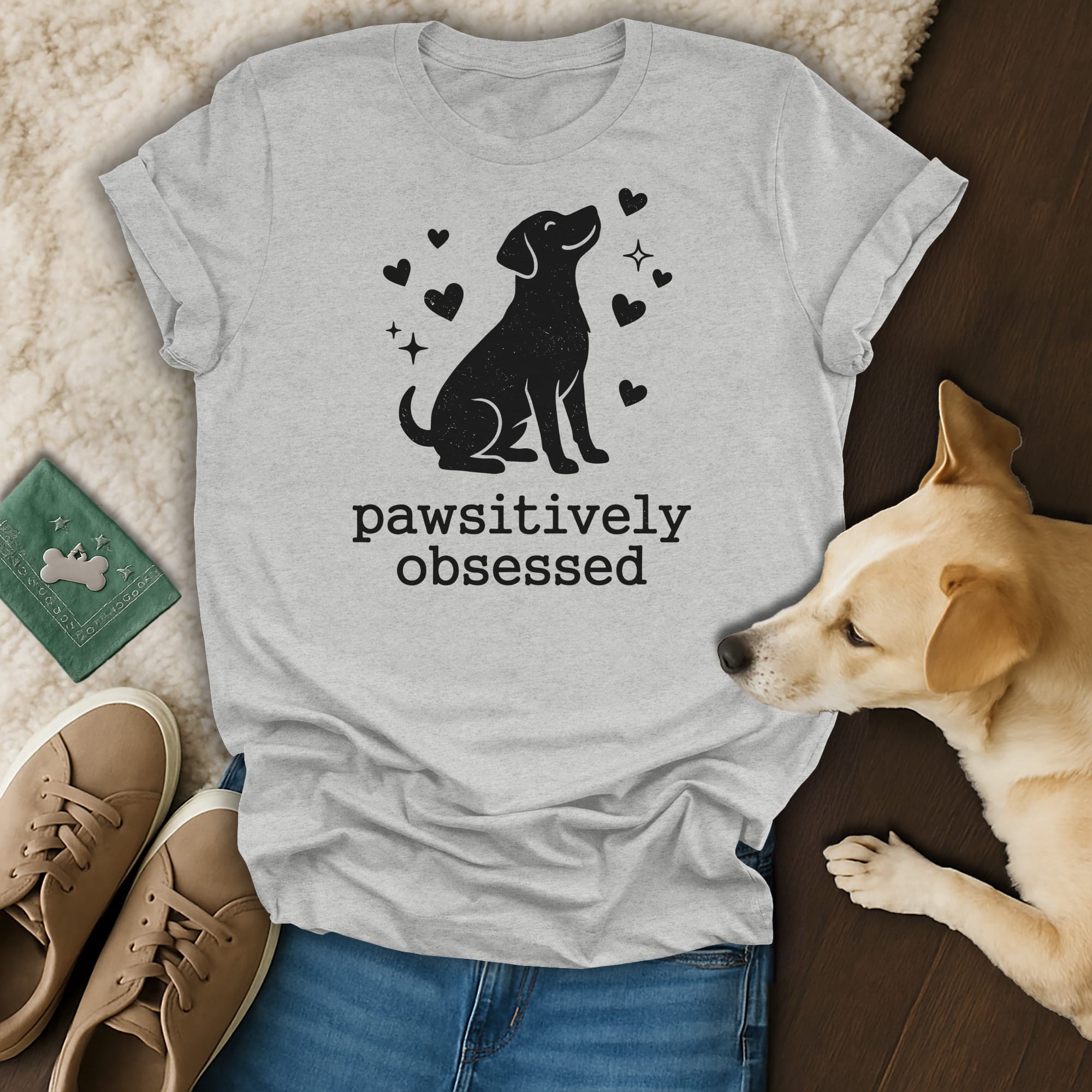 Gray t-shirt with black dog and heart graphic, reads "pawsitively obsessed."