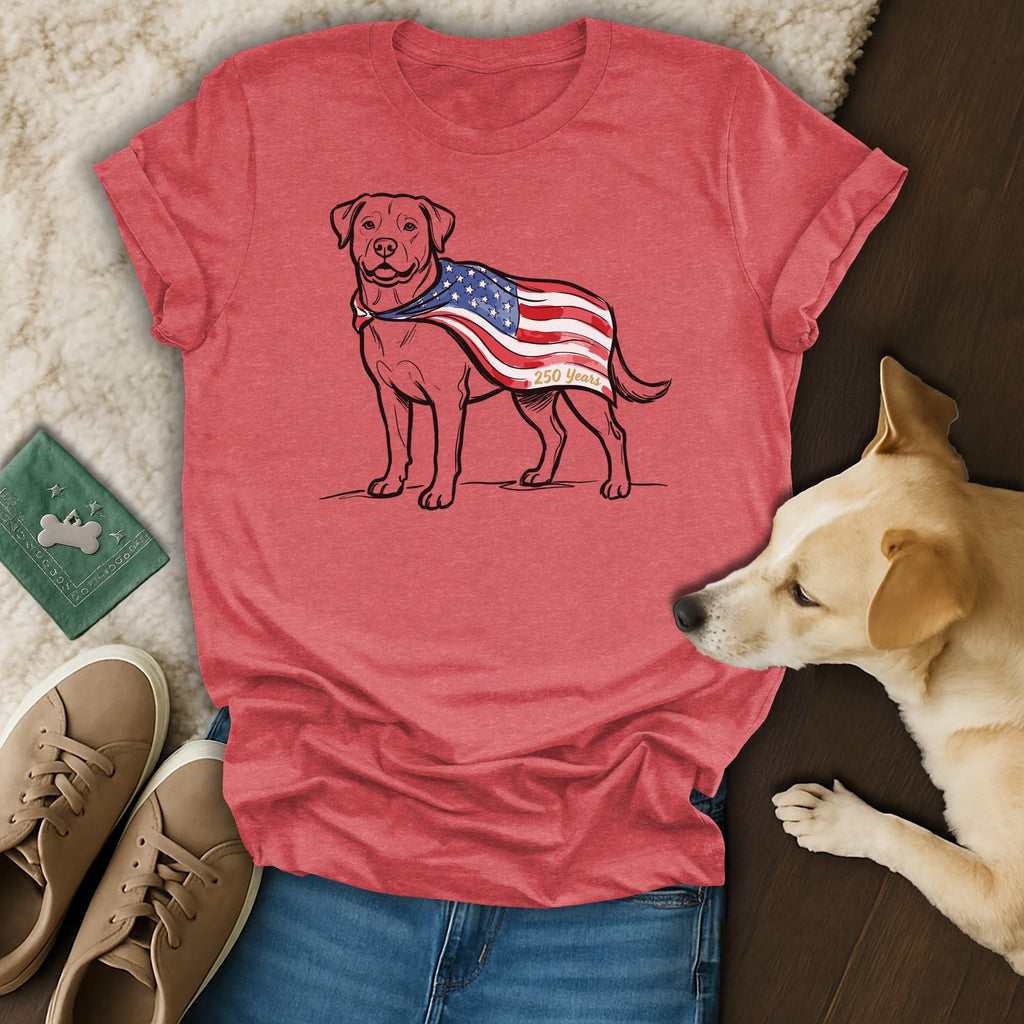 T-shirt featuring a dog wearing a cape with the American flag and "250 Years" text.