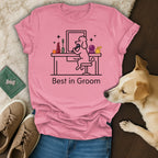 Pink t-shirt with "Best in Groom" text and cartoon dog at a vanity.