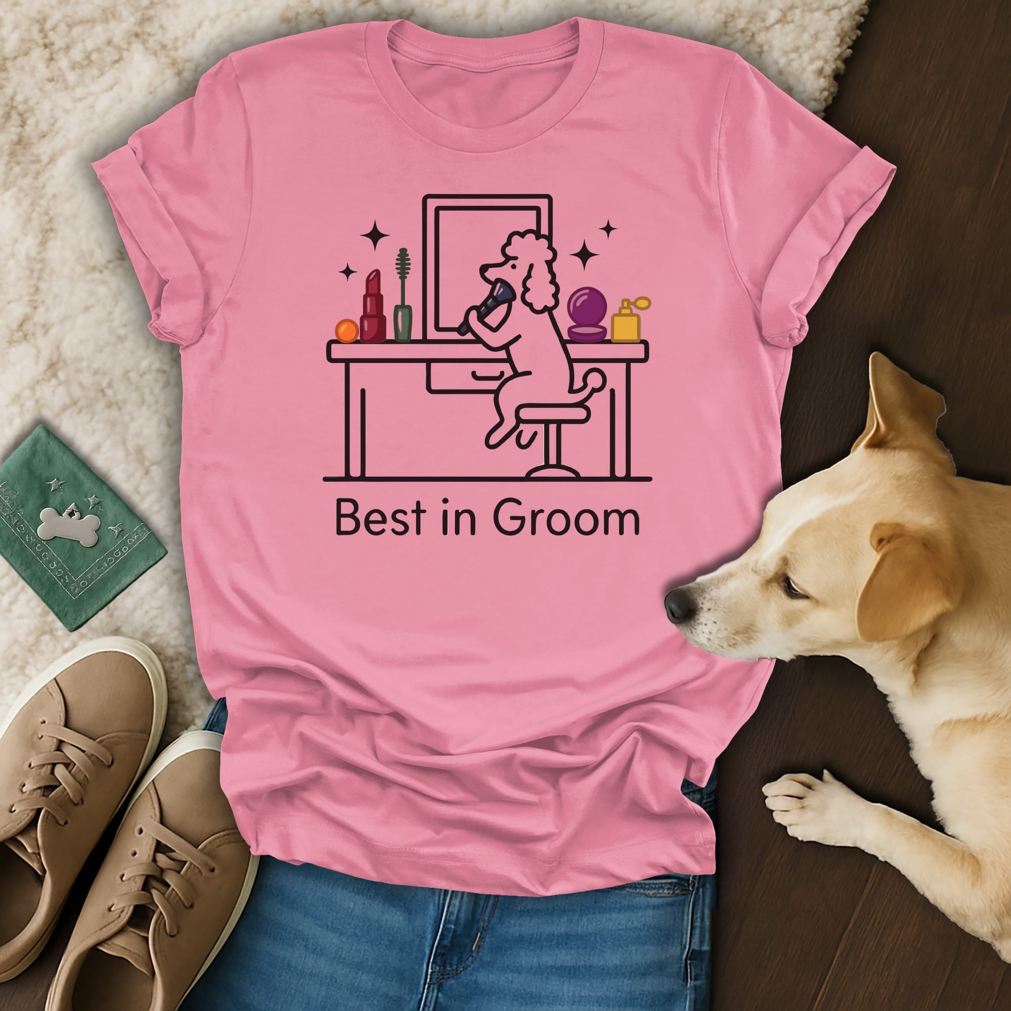 Pink t-shirt with "Best in Groom" text and cartoon dog at a vanity.